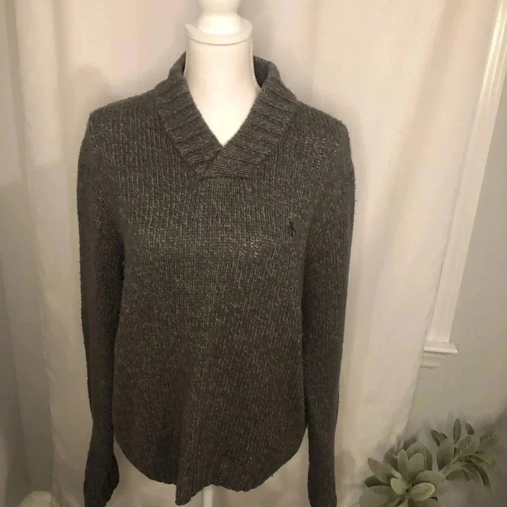 Penguin Gray Cotton Pullover Knit Pullover V-neck Sweater Size XL
